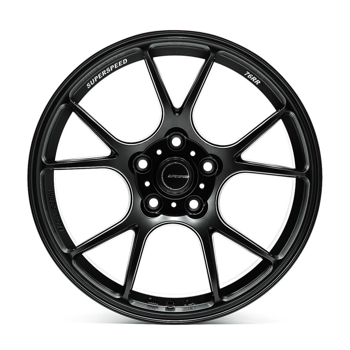 Black alloy wheel with 'Superspeed' branding on a white background