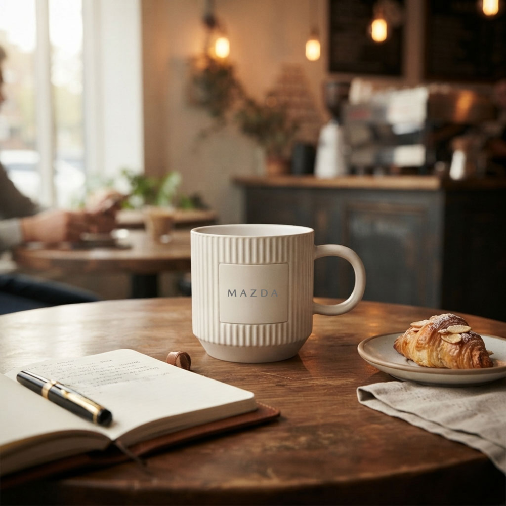A white ribbed ceramic mug with 'MAZDA' printed on the front, set on a rustic wooden table in a cozy cafe environment alongside an open notebook, pen, and a croissant.