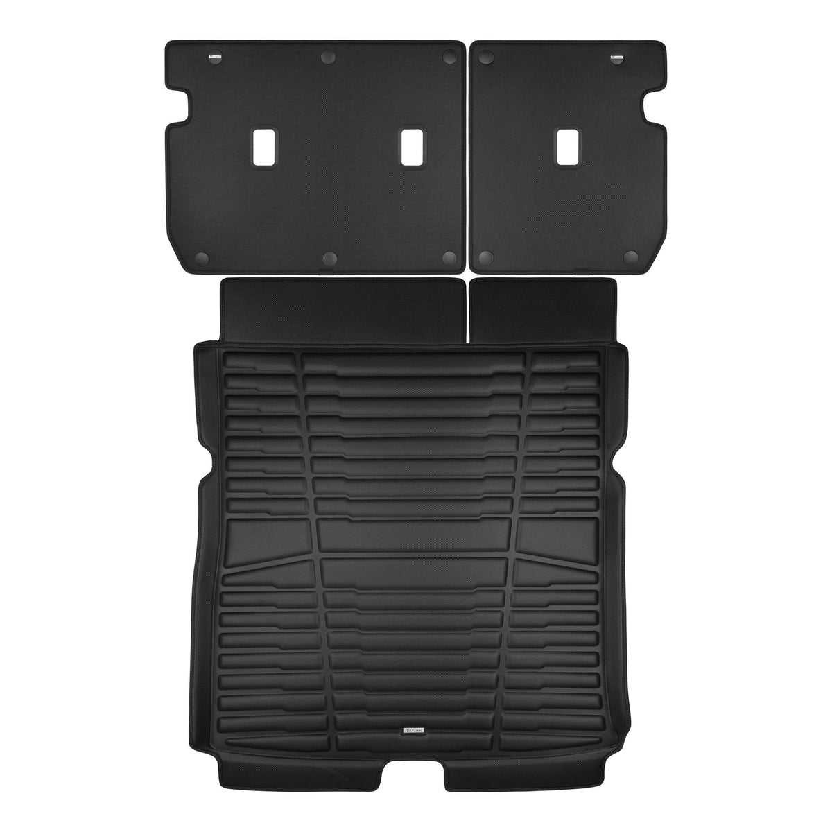Black car floor mat with additional protective panels on a white background