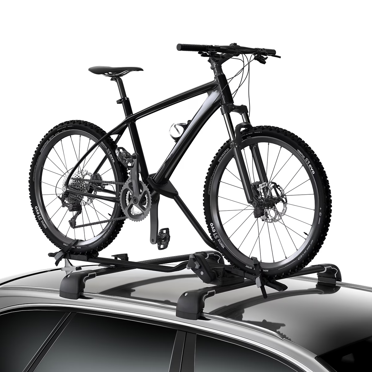 Bicycle mounted on a car roof rack against a white background