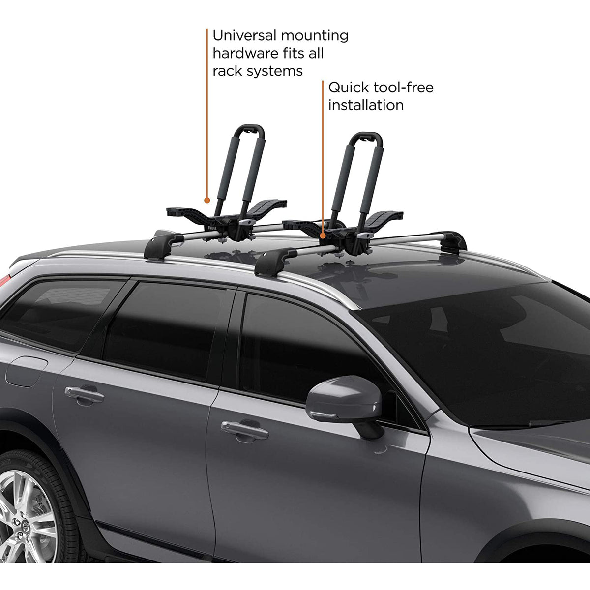 Car roof rack system on a vehicle with text indicating features