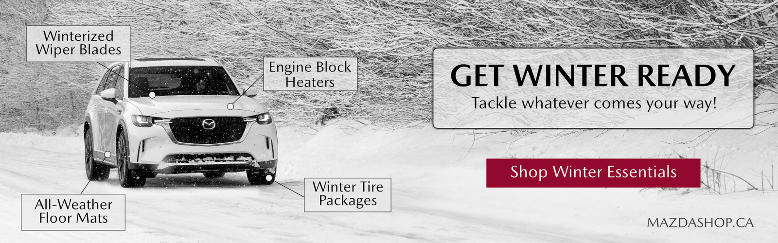Car in snowy landscape with winter preparation tips and MazdaShop.ca promotion.