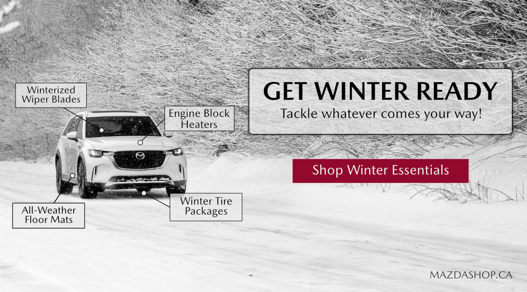 Car in snowy conditions with winter safety tips and MazdaShop.ca promotion.
