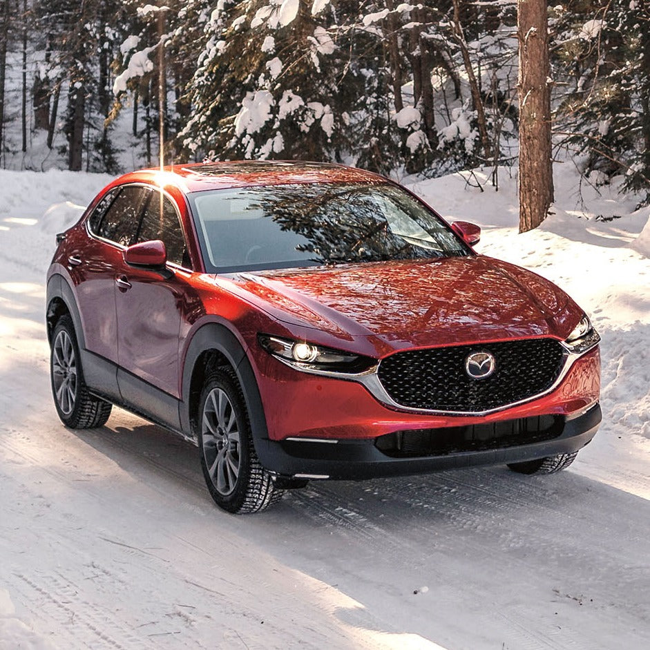 Red Mazda SUV parked on a snow-covered road with trees in the background